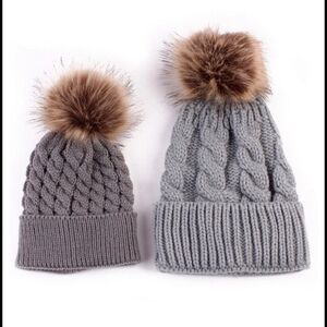 Mom and Baby Matching Pom Pom Hats-Gray